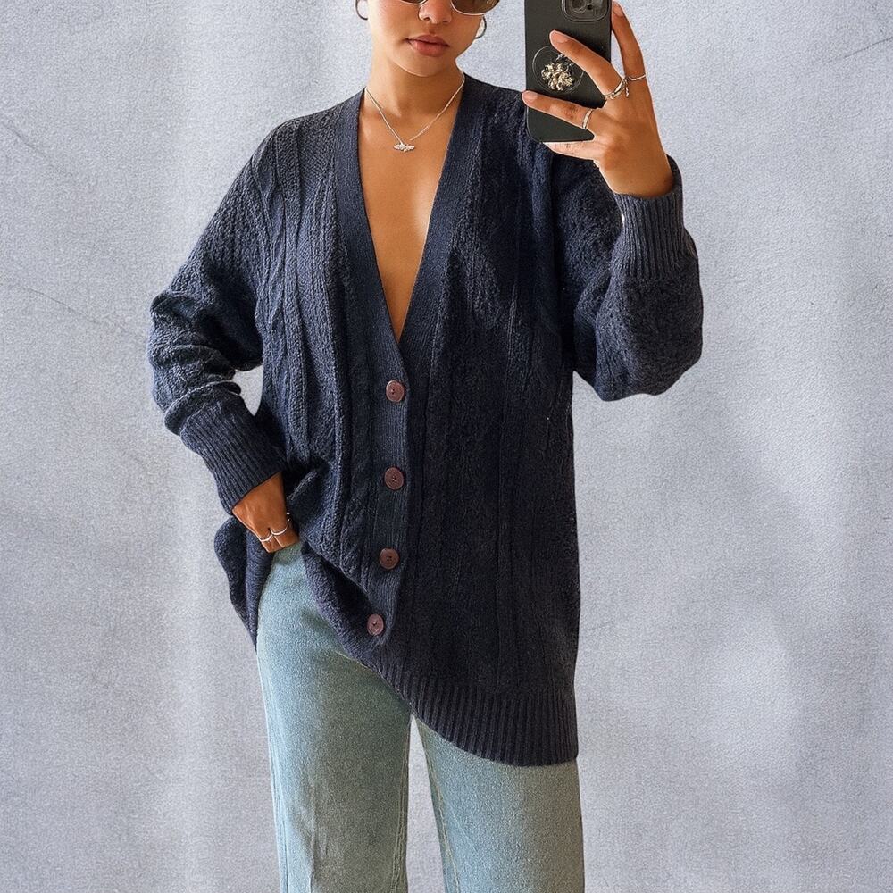 Vintage 90s Kenneth Roberts Ramie Cotton Blue Cable Knit Oversized Cardigan L